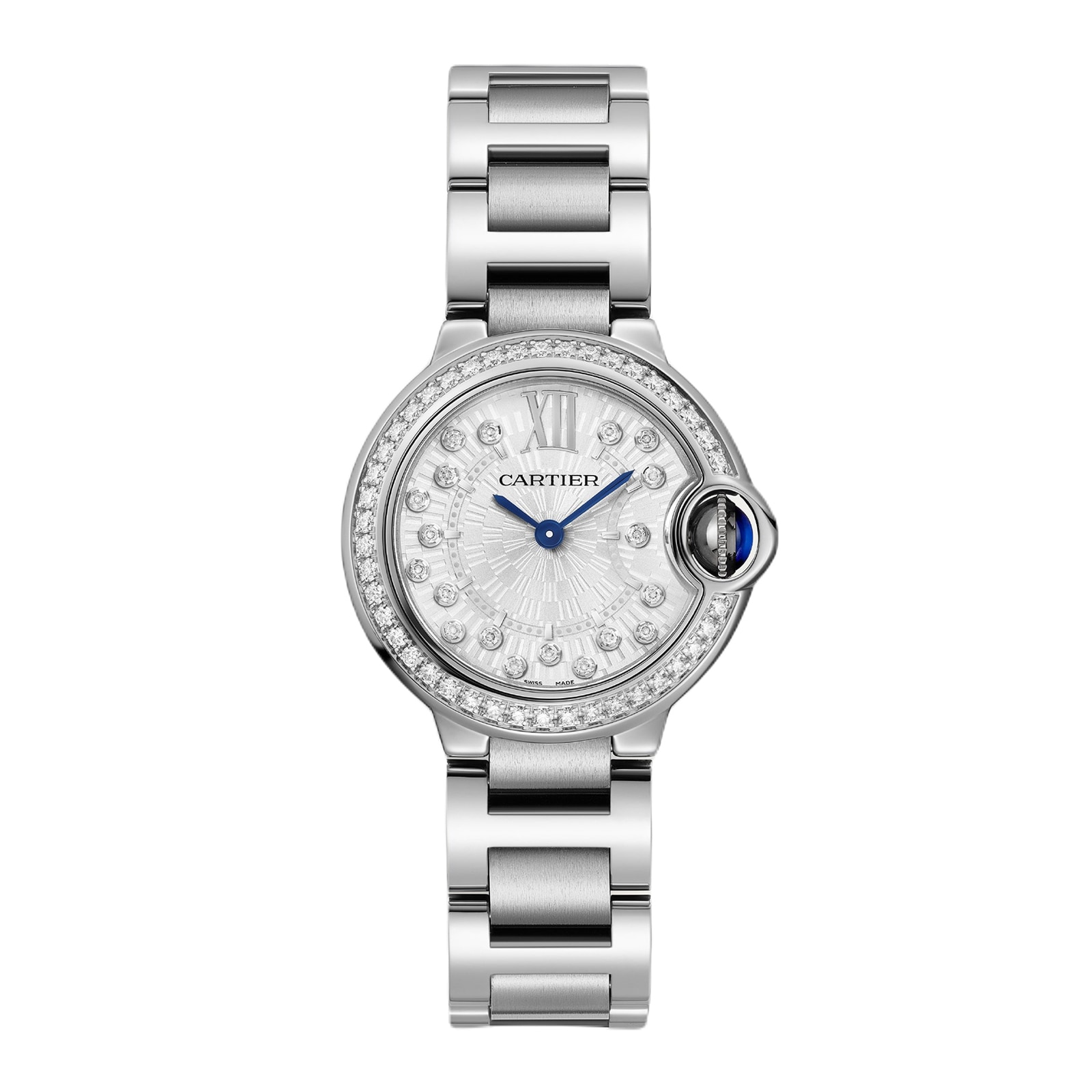 Ballon Bleu de Cartier watch, 28 mm, quartz movement Steel case, fluted steel crown set with a synthetic cabochon-shaped spinel. image